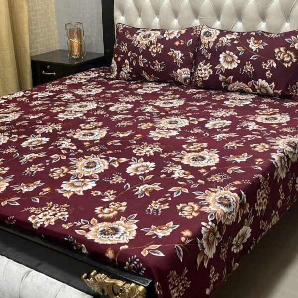 3 Pcs Crystal Cotton Printed Double Bedsheet - Maroon | Trendsto
