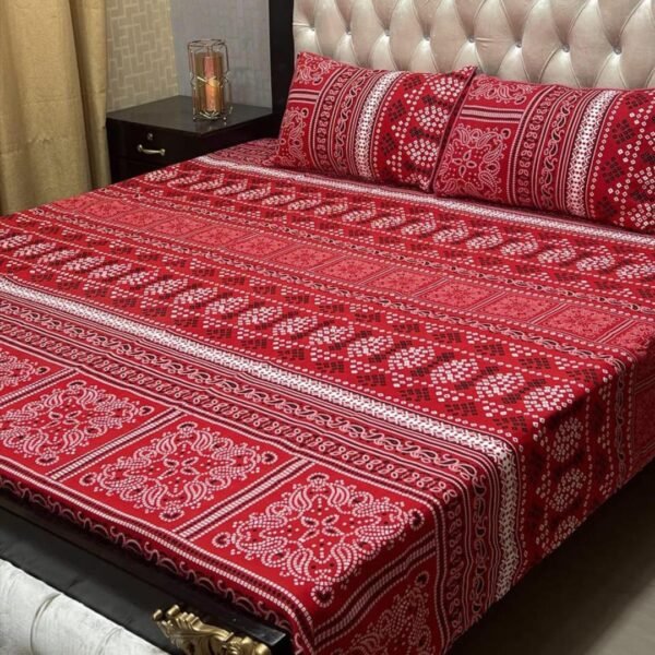 3 Pcs Crystal Cotton Printed Double Bedsheet - Red | Trendsto