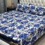 3 Pcs Crystal Cotton Printed Double Blue-White Bedsheet | Trendsto