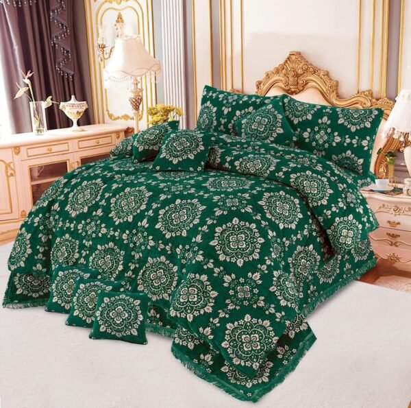 Luxurious Velvet Jacquard Bedding Set - 10 Pcs Double Bed Collection - Green | Trendsto